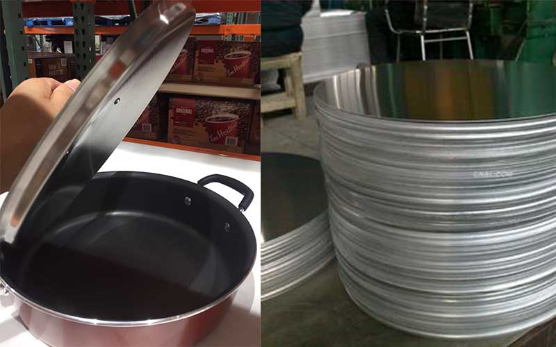 The picture shows aluminium flat round metal discs and an aluminium pot.